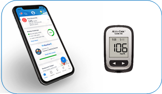 Image of Roche Diabetes Care’s world-renowned  Accu-Chek® Guide Me blood glucose meter (right)  and Welldoc’s BlueStar (app)